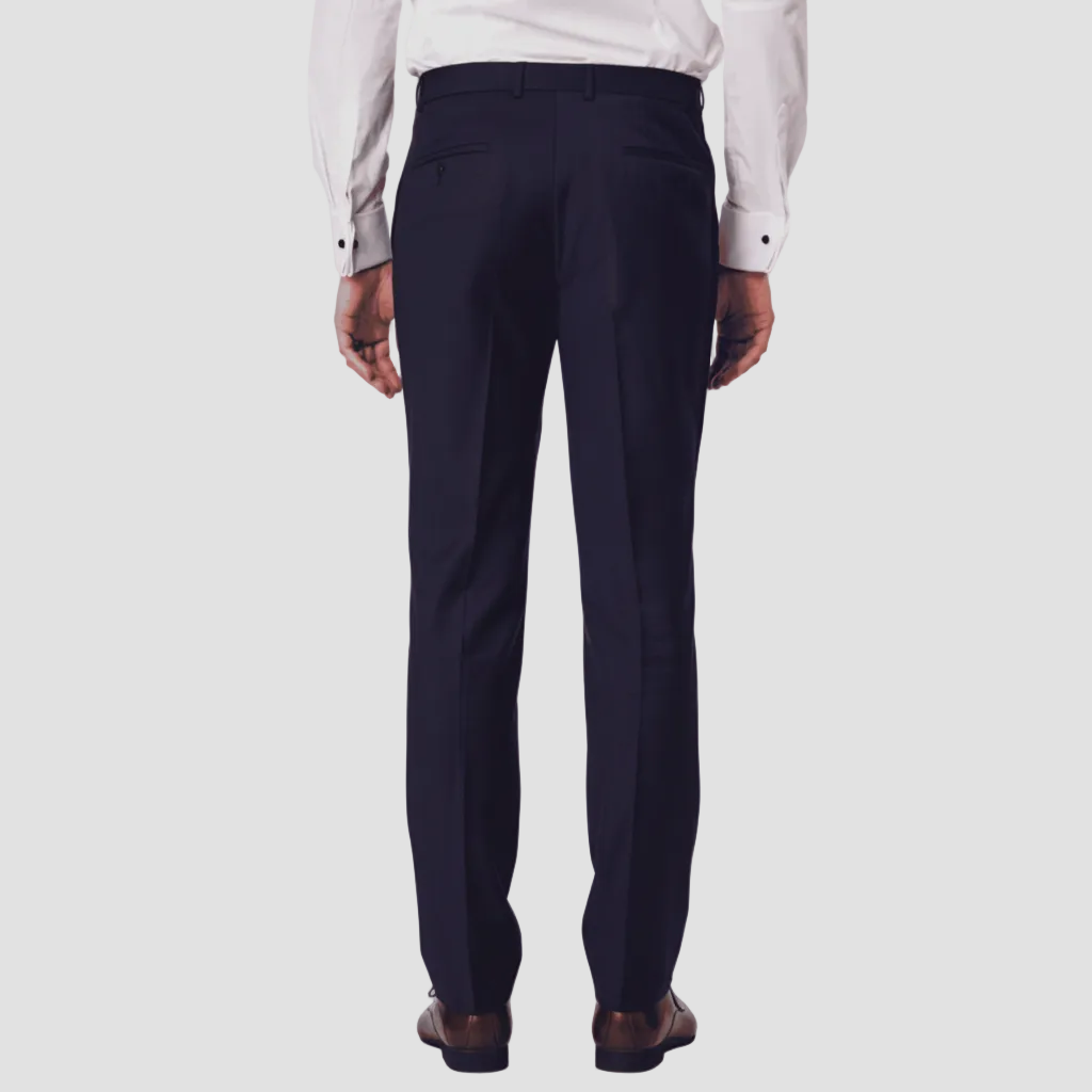 Navy tuxedo dinner trousers in Super 110s Merino wool with satin stripe detailing. A refined Savile Row piece, perfect for weddings, black‑tie and formal events.
