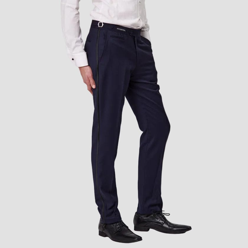 Navy tuxedo dinner trousers in Super 110s Merino wool with satin stripe detailing. A refined Savile Row piece, perfect for weddings, black‑tie and formal events.