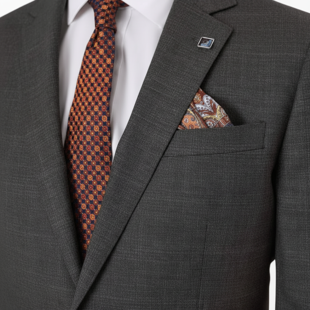 Tailored brown micro‑design suit in Super 120s Merino wool. A lightweight Savile Row classic with a peak‑lapel jacket, perfect for business or events.