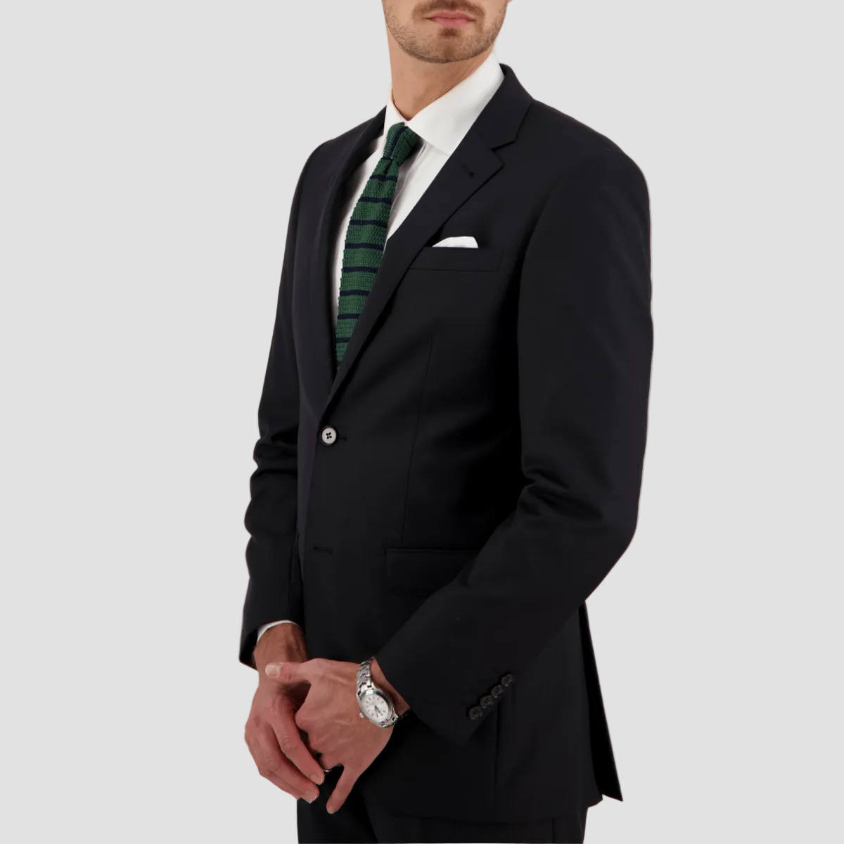 Black tailored performance suit in a premium wool blend by Savile Row.