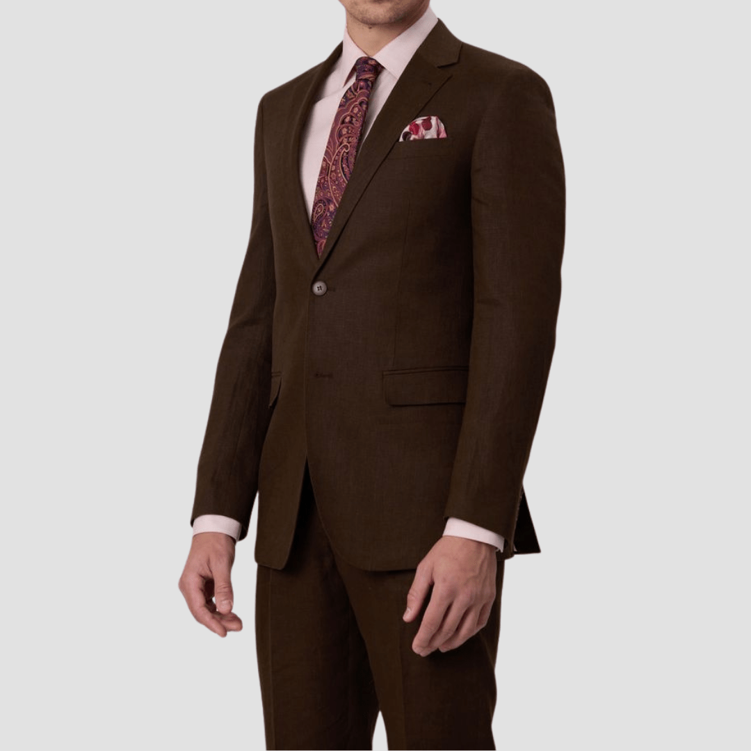 Brown wool linen suit by Savile Row with a patterned tie and pocket square.