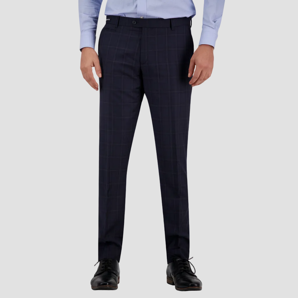 Super 120’s Merino Wool and a tailored silhouette define the midnight check Abram Suit.
