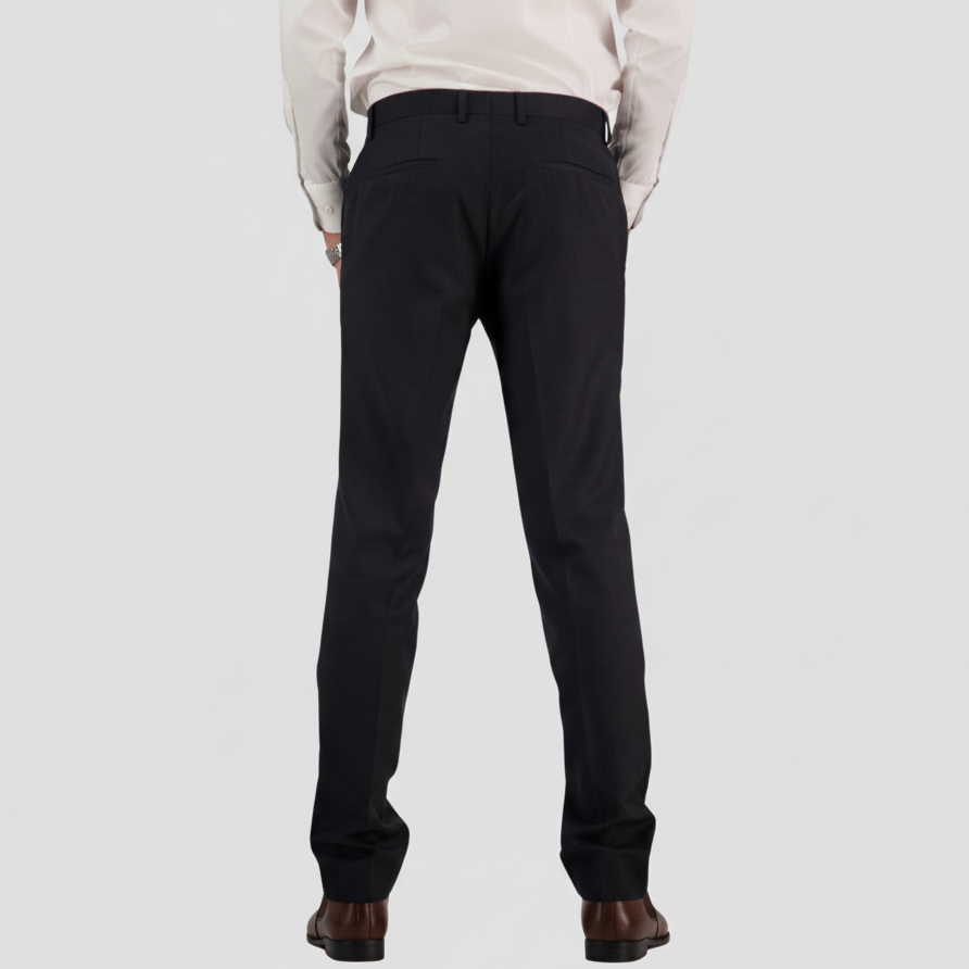 Classic fit charcoal mens trouser by Savile Row with a white shirt and tan leather shoes.