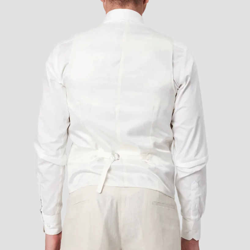 Pure Linen satin backed vest with adjustable belt in Ecru by Savile Row and paired with matching trousers.