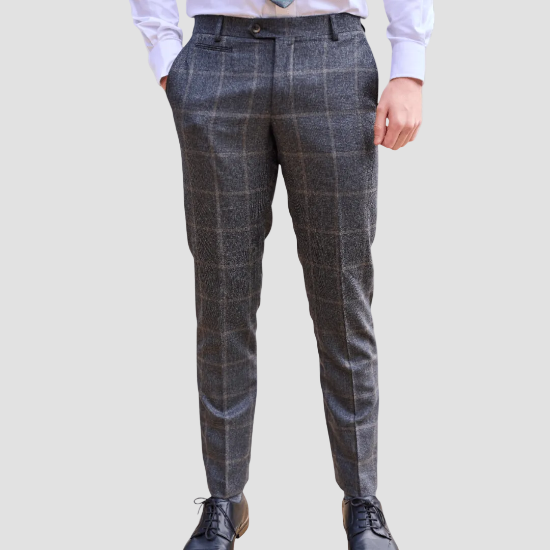 Men’s Jesse Flannel Trousers in fawn by Savile Row, made from 100% Merino wool with a mid-grey windowpane check finish.