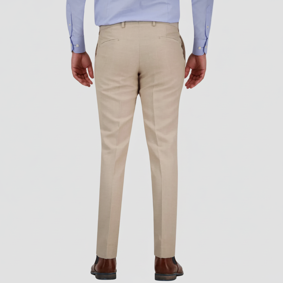 Refined sand linen-blend trousers—slim fit with a lightweight finish, perfect for weddings, groomsmen, and warm-weather occasions.