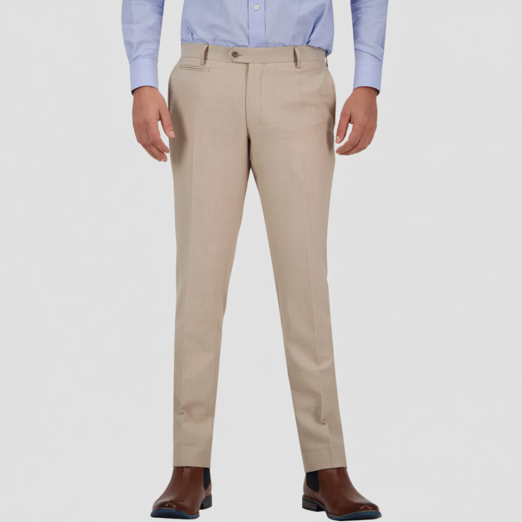 Refined sand linen-blend trousers—slim fit with a lightweight finish, perfect for weddings, groomsmen, and warm-weather occasions.