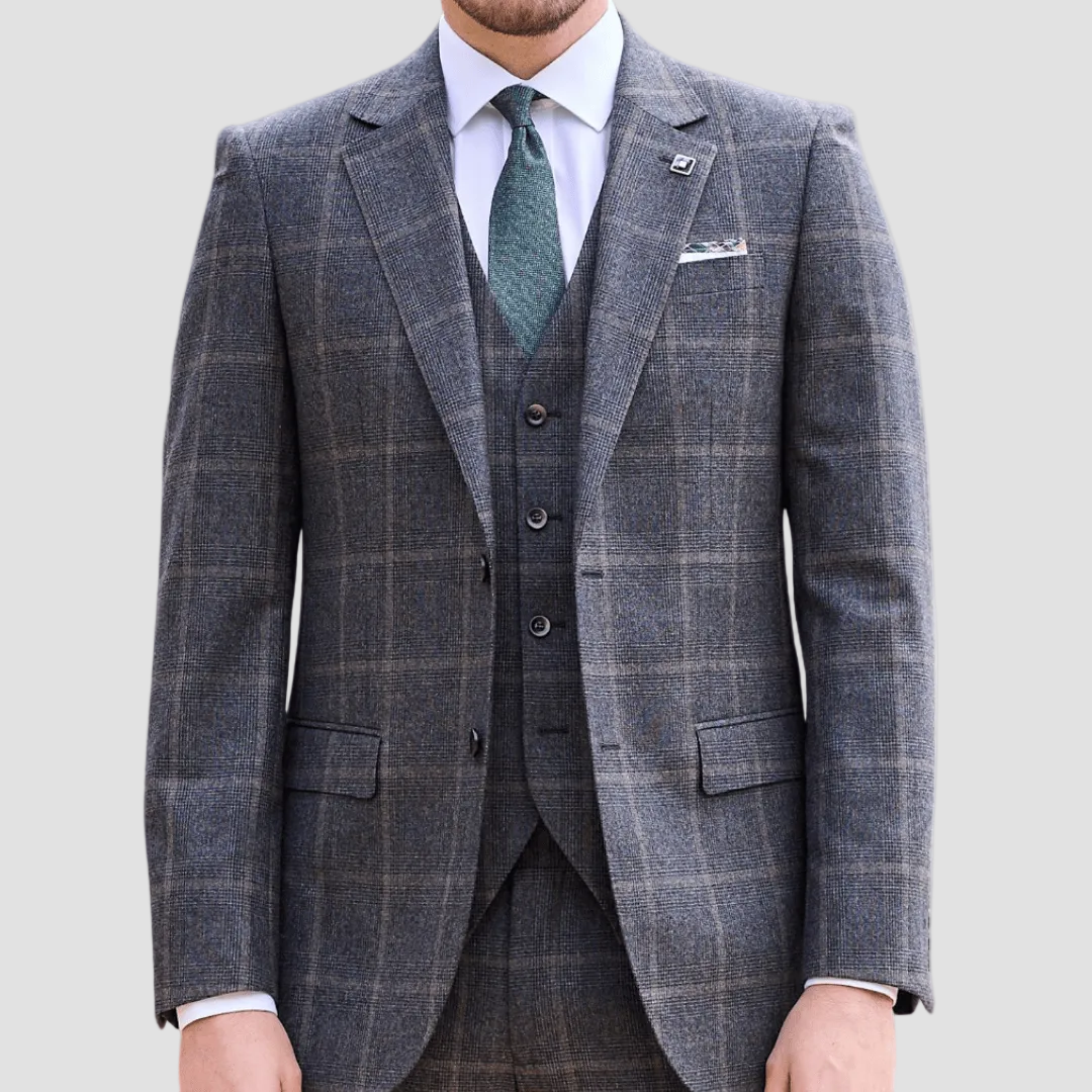 Men’s Abram Flannel Suit in fawn by Savile Row, made from 100% Merino wool with a mid-grey windowpane check finish.
