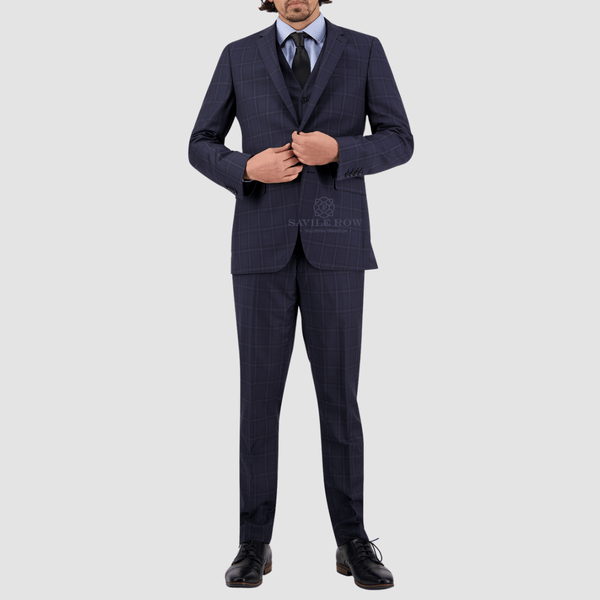 Savile Row Tailored Fit Mens Abram Checked Suit in Midnight Pure Wool