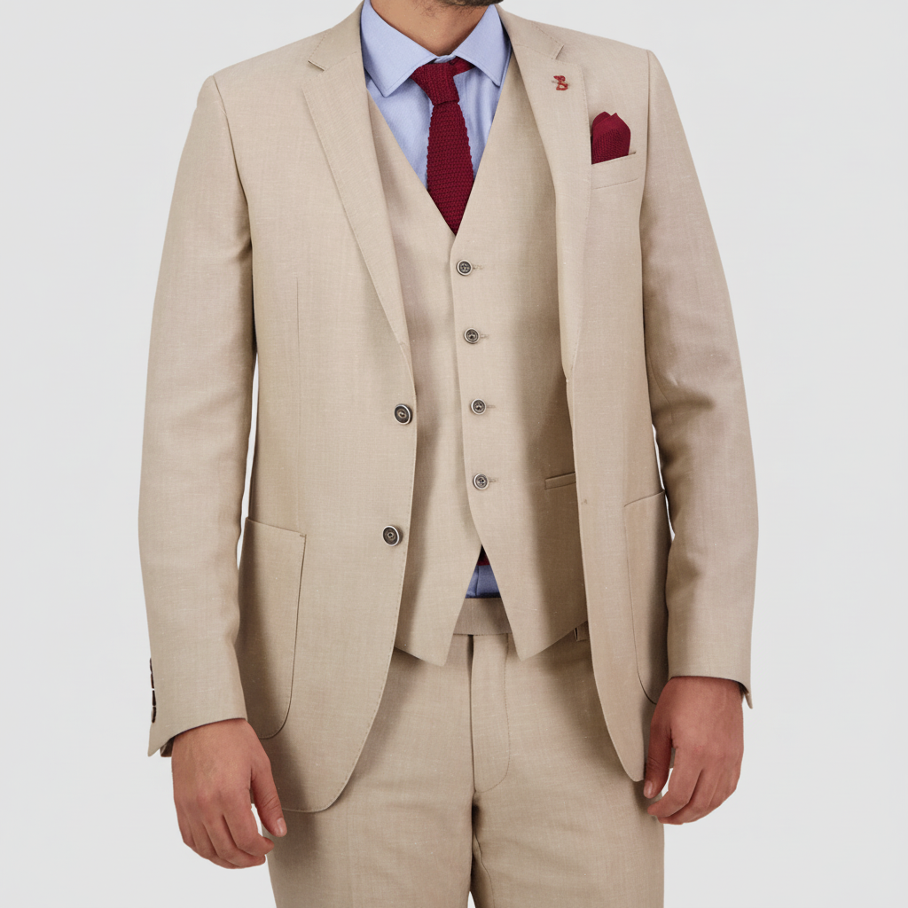 Sand tailored linen‑blend suit by Savile Row with a soft linen finish.