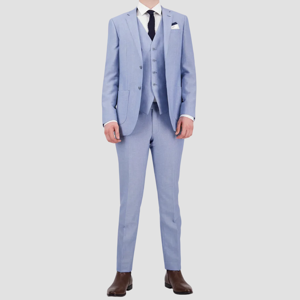 Sky blue tailored linen‑blend suit by Savile Row with a soft linen finish.