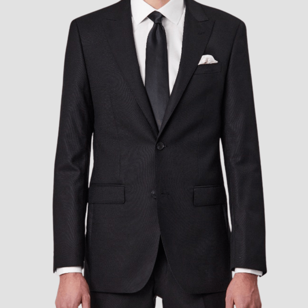 Black Tailored Fit Savile Row suit in pure Tasmanian Super 120’s wool with peak lapel.