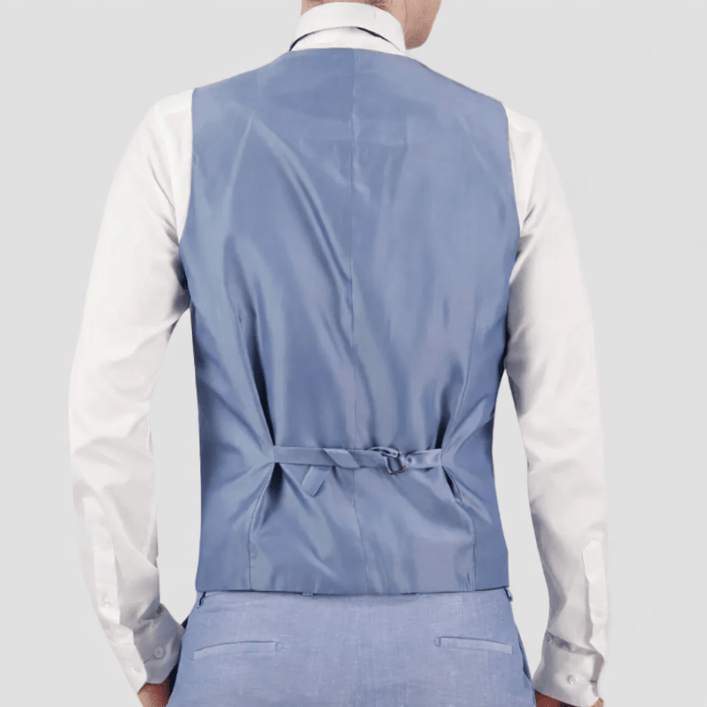 Savile Row’s Sky linen suit vest—breathable, tailored, and ideal for weddings, events, and matching with Jesse Trouser and Asher Suit.
