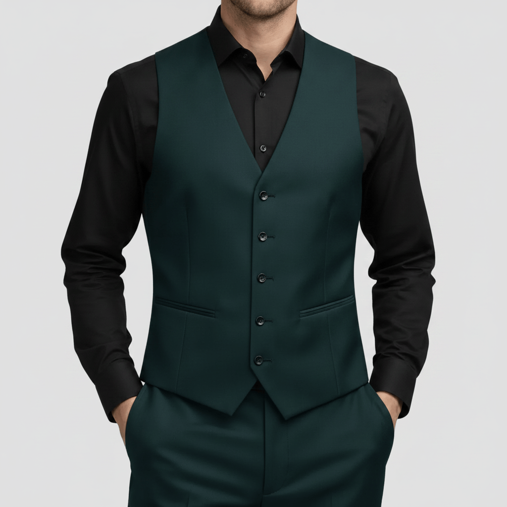 A tailored fit men's suit vest by Savile Row, in forest green wool with a four button front and satin back with an adjustable tab.