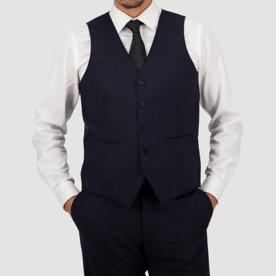 Tailored fit Saul signature vest in navy check by Savile Row.