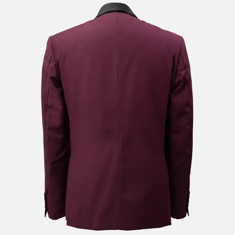 The back view of a men's blazer in deep burgundy with a contrasting black collar, displayed on a white background.
