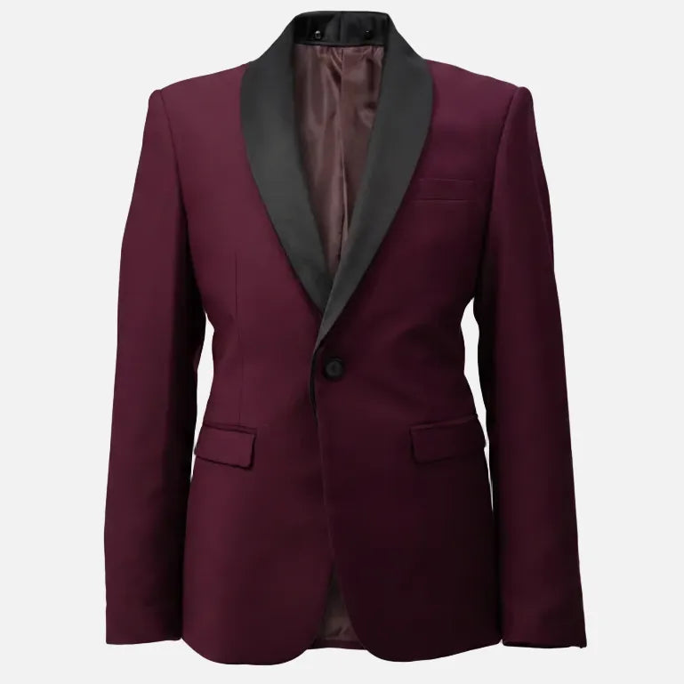A men's single-breasted blazer in deep burgundy with contrasting dark gray shawl lapels, shown against a plain white background.
