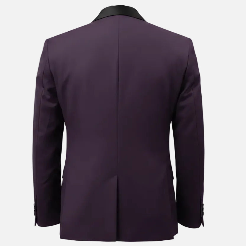 The back view of a men's blazer in purple with a contrasting black collar, displayed on a white background.