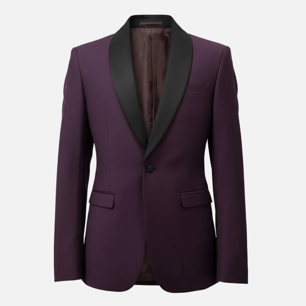 A men's single-breasted blazer in purple with contrasting dark gray shawl lapels, shown against a plain white background.