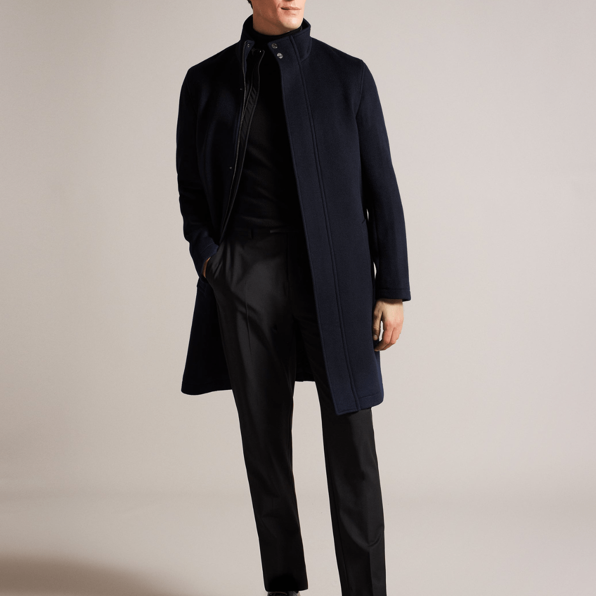 Ted Baker Ederson Wool Blend Funnel Neck Coat in Navy
