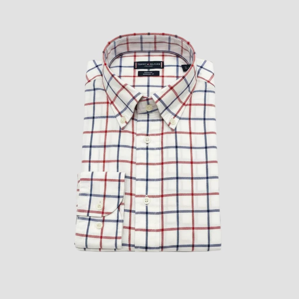 blue and red check shirt