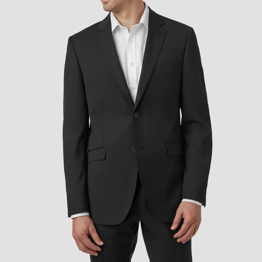 Wool Blend black suit jacket by Uberstone with white shirt and matching trousers.