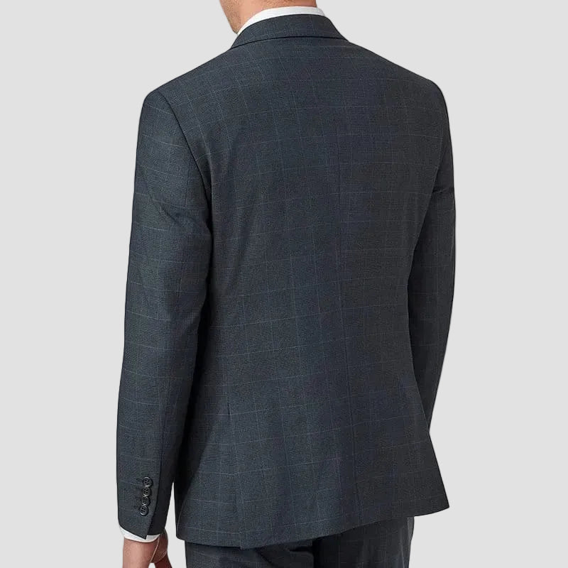 Man wearing a navy check suit jacket