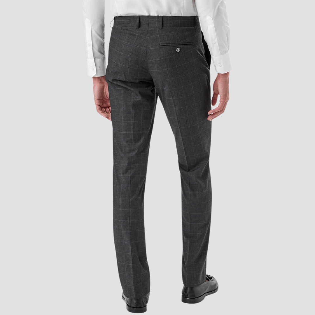Gray checkered dress pants worn by a person on a light gray background
