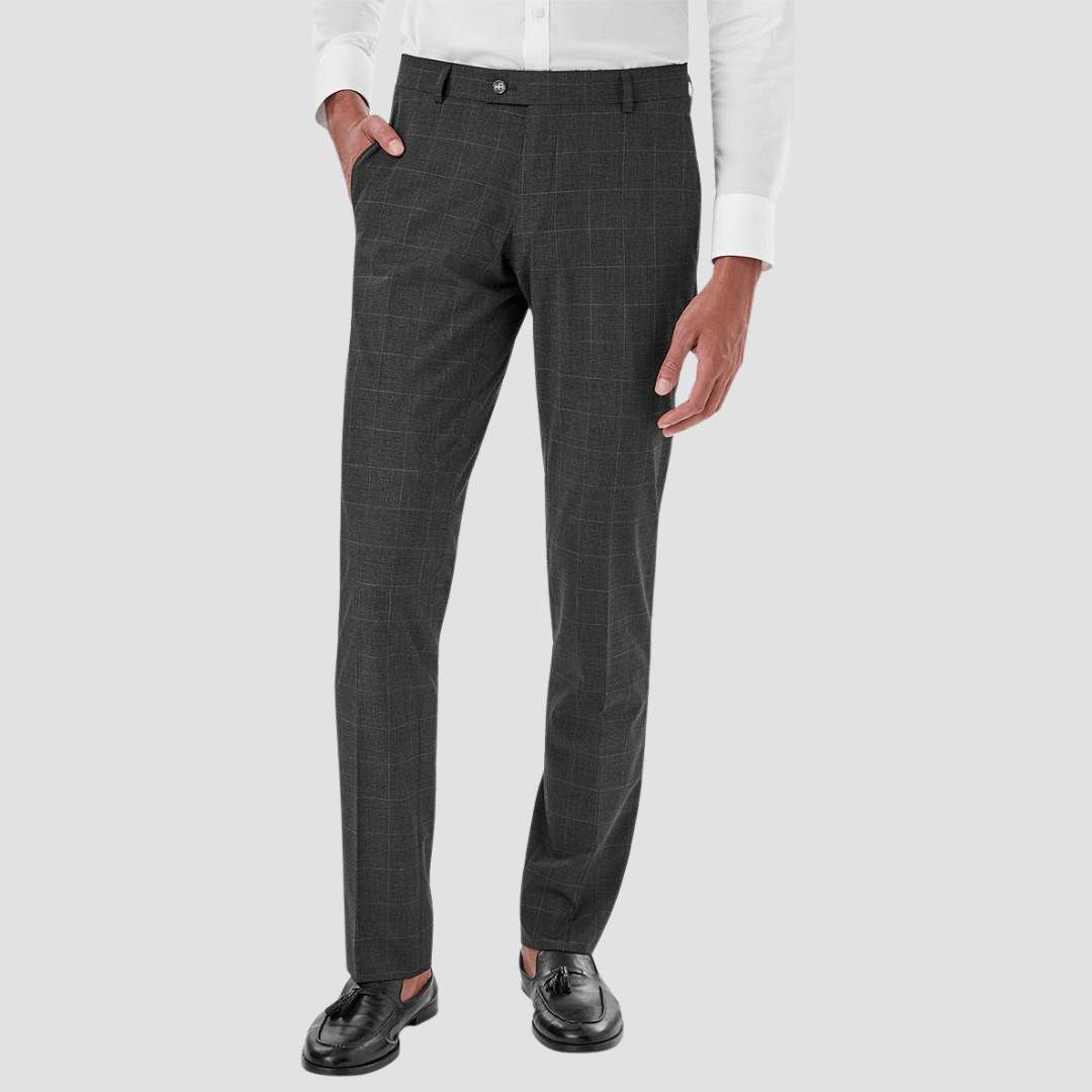 Gray checkered dress pants worn by a person on a light gray background