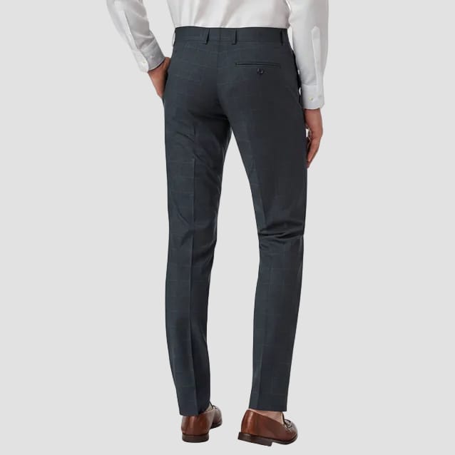 Navy check suit pants worn by a person
