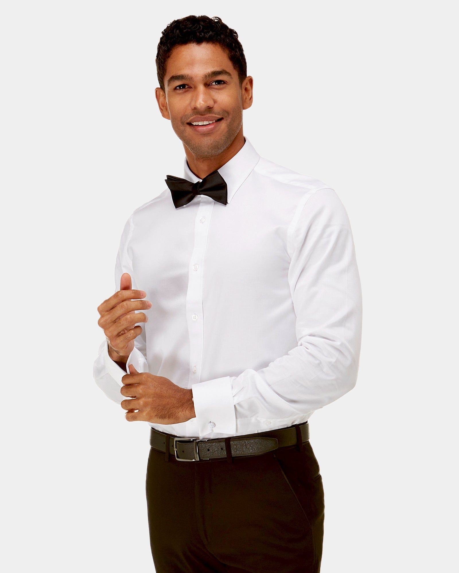 white mens dress shirt by brooksfield with a black bow tie