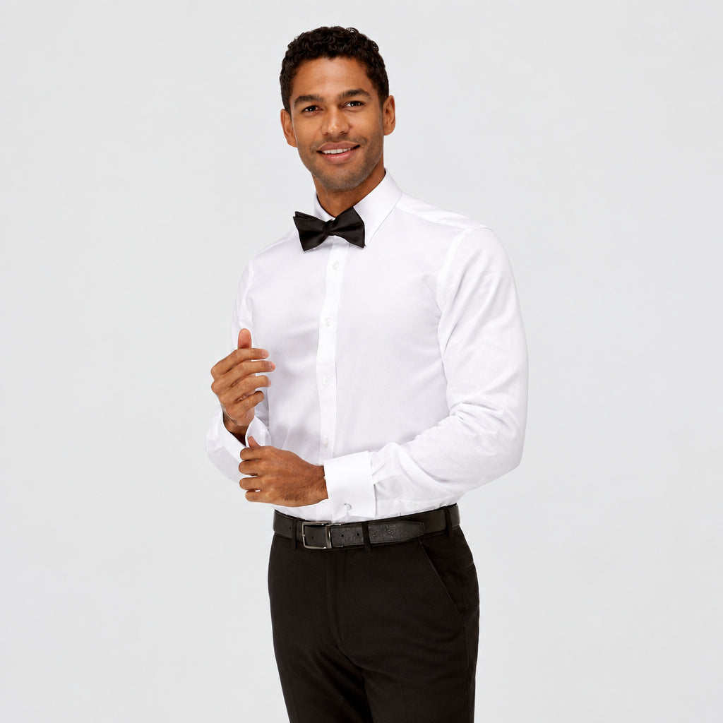 white mens dress shirt by brooksfield with a black bow tie