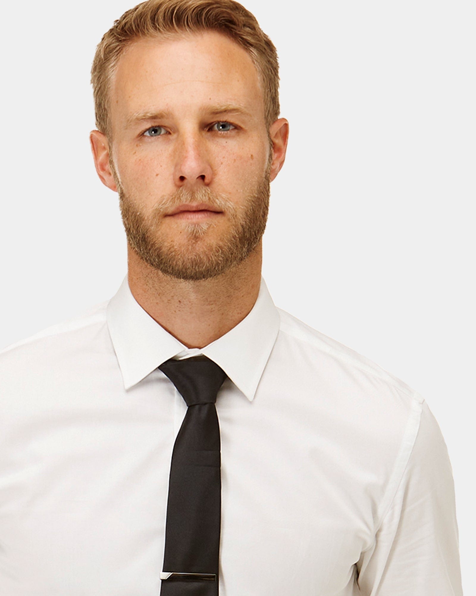 a mens dress shirt in white with a black tie