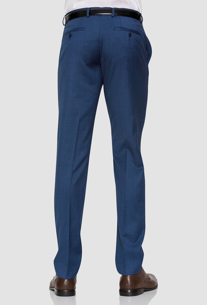 a reverse view of the Gibson slim fit caper trouser in blue pure wool FGD019 including the rear hip pocket details