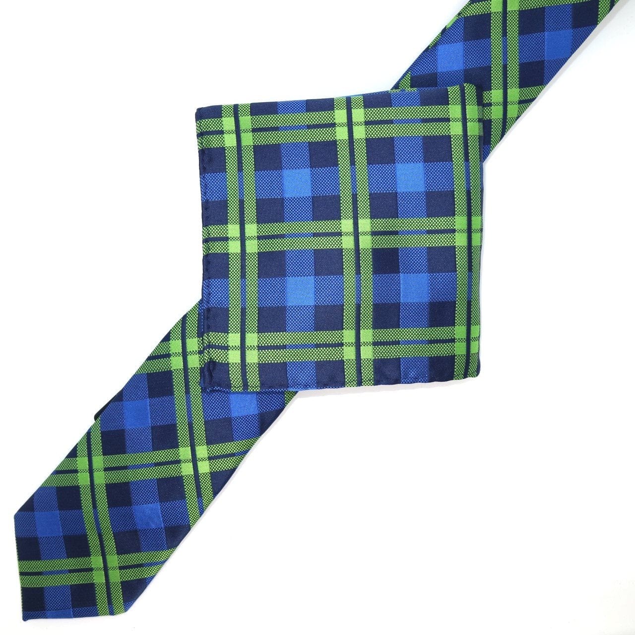 James Adelin Luxury Neck Tie in Navy, Royal and Lime Green Check