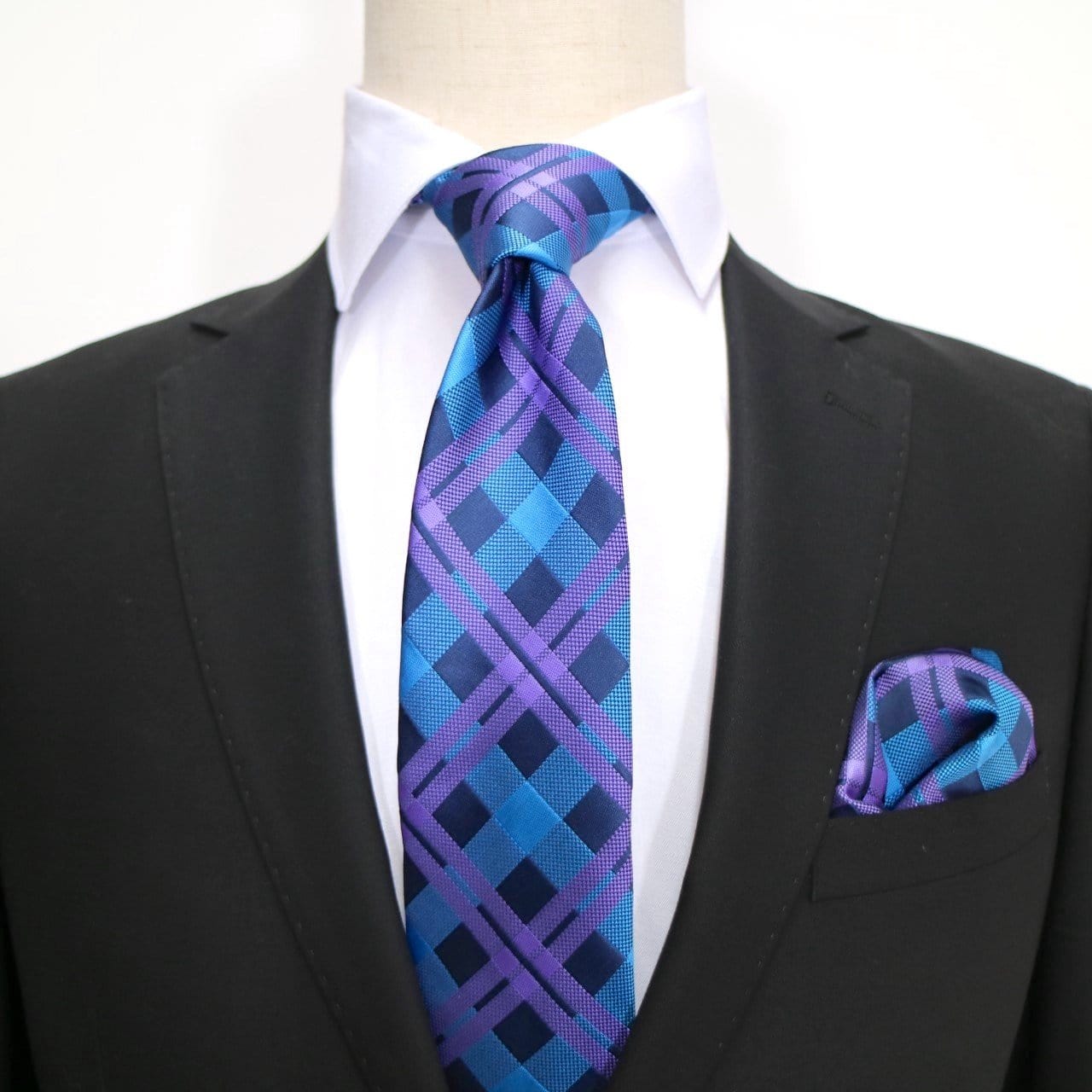 James Adelin Luxury Check Pocket Square in Navy, Turquoise and Purple