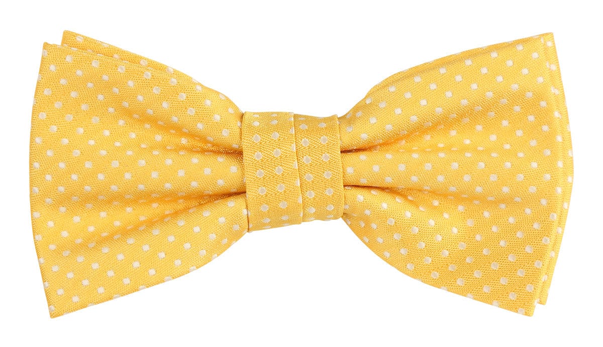 a golden yellow woven bow tie with a white spotted design