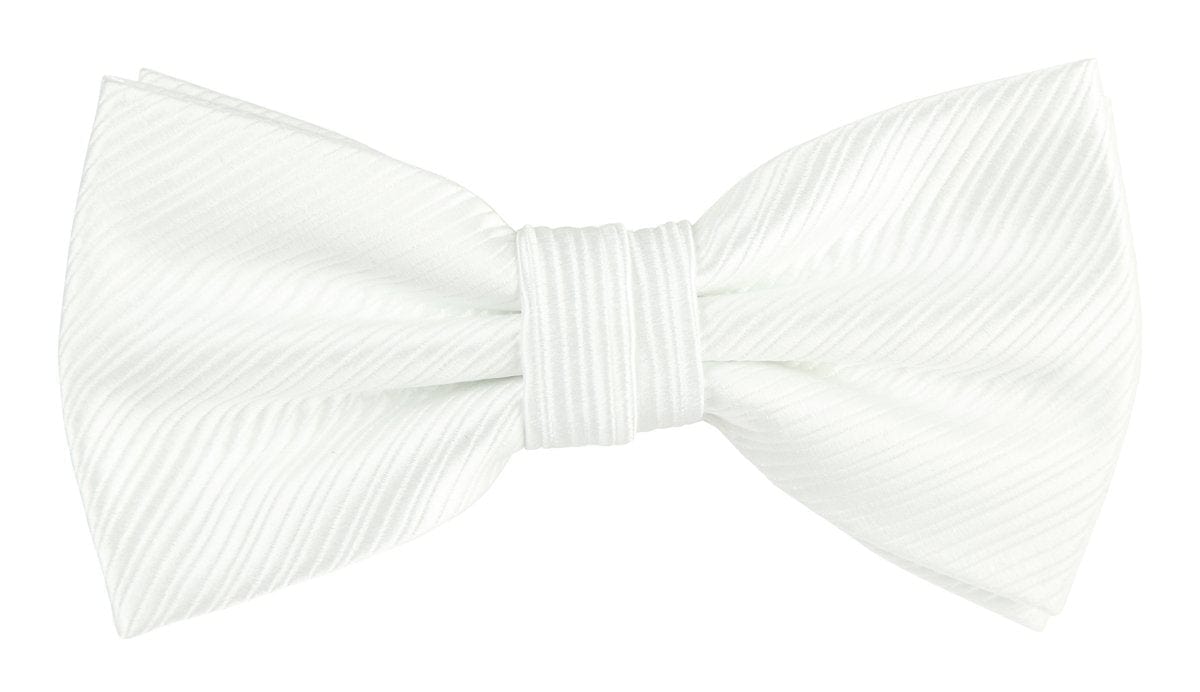 a white bow tie with textured diagonal pattern