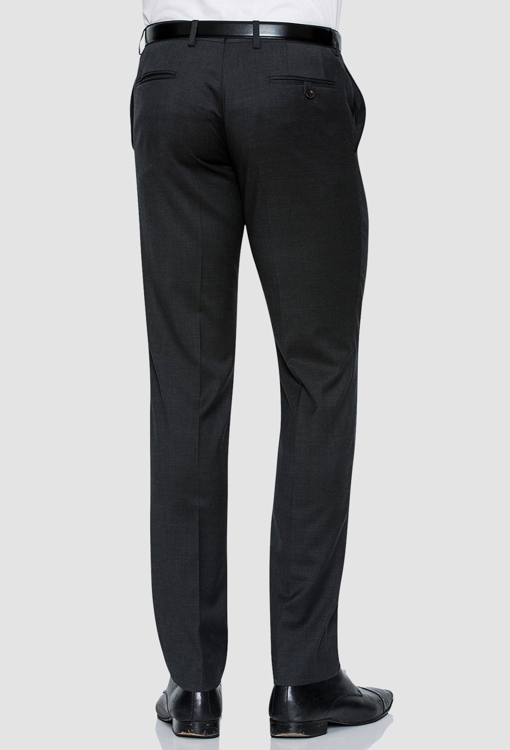 a rear view of the Joe Black slim fit razor trouser in charcoal pure wool