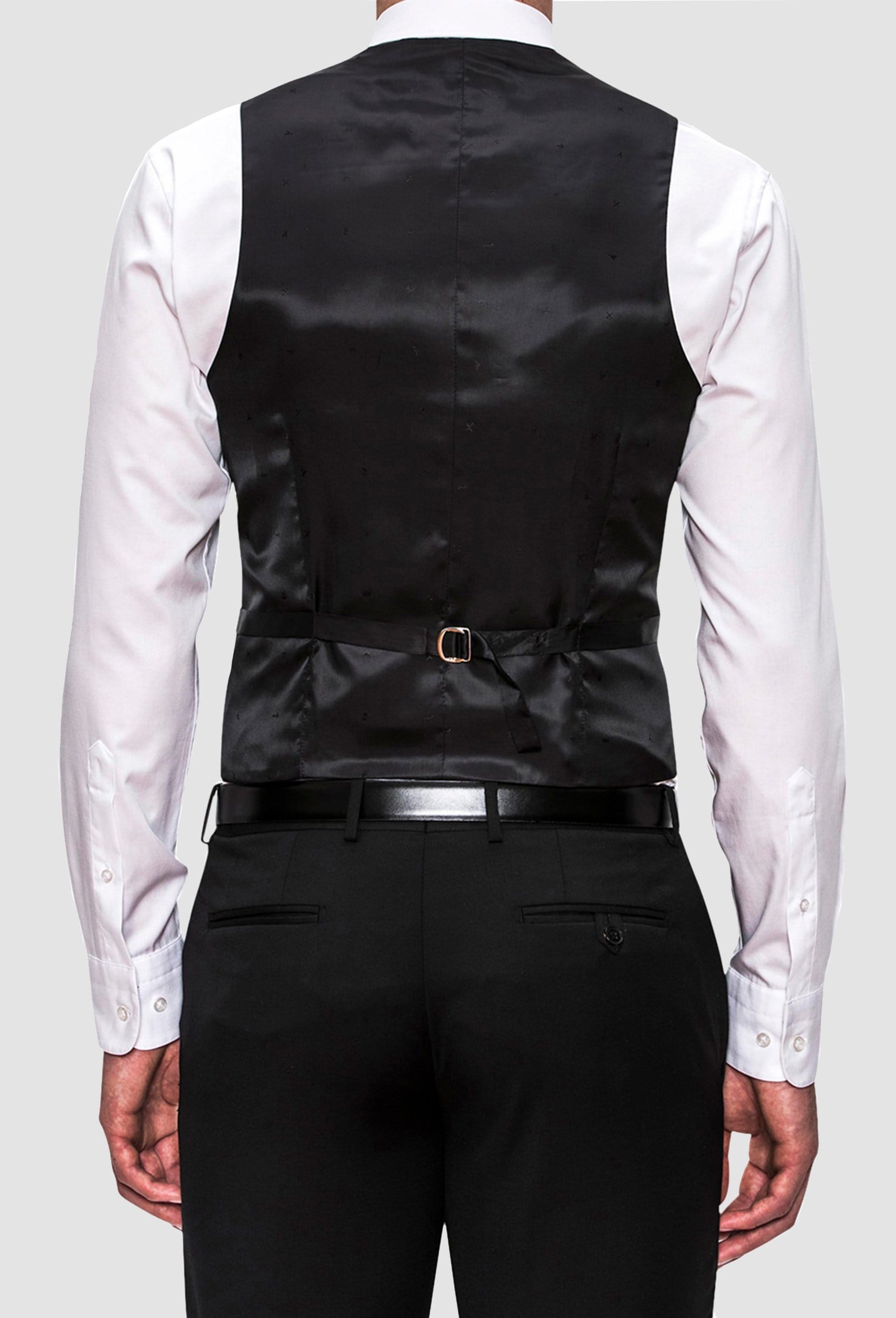 a back view of the Joe Black slim fit mail vest in black pure wool including the tab adjuster details