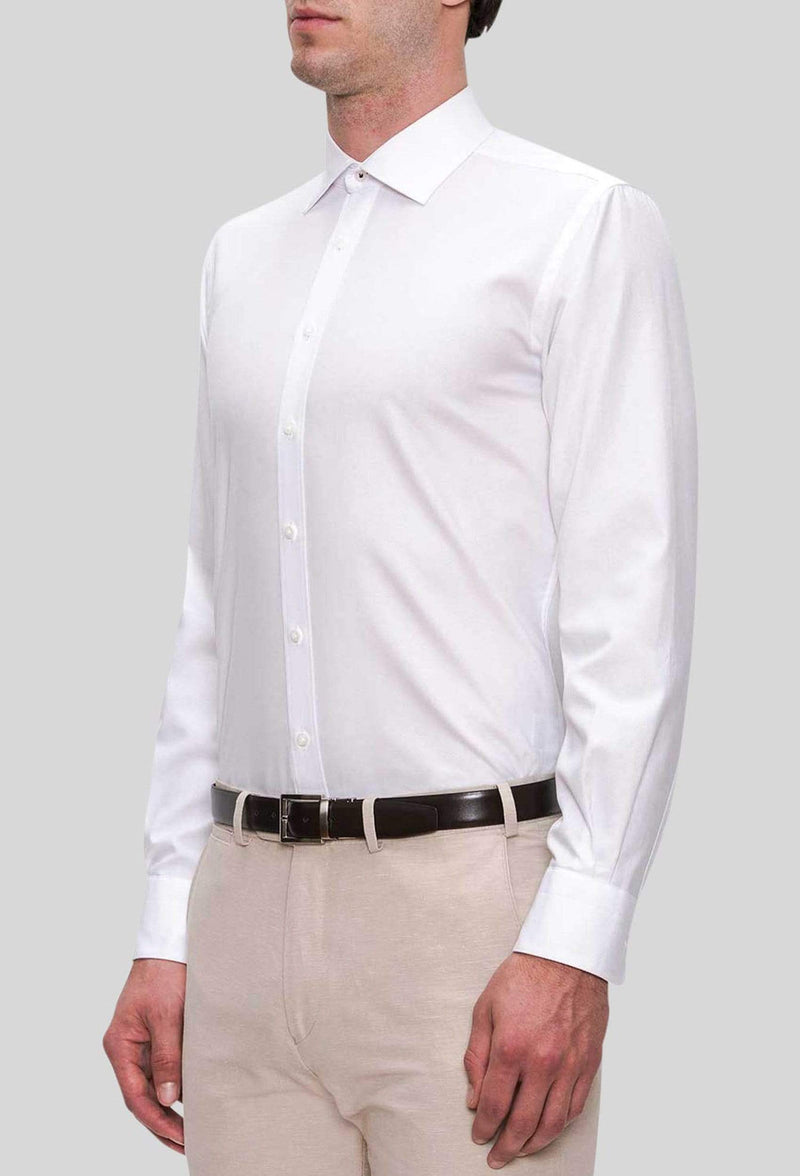 A side on view of the Joe Black slim fit pioneer shirt in white pure cotton FJD044