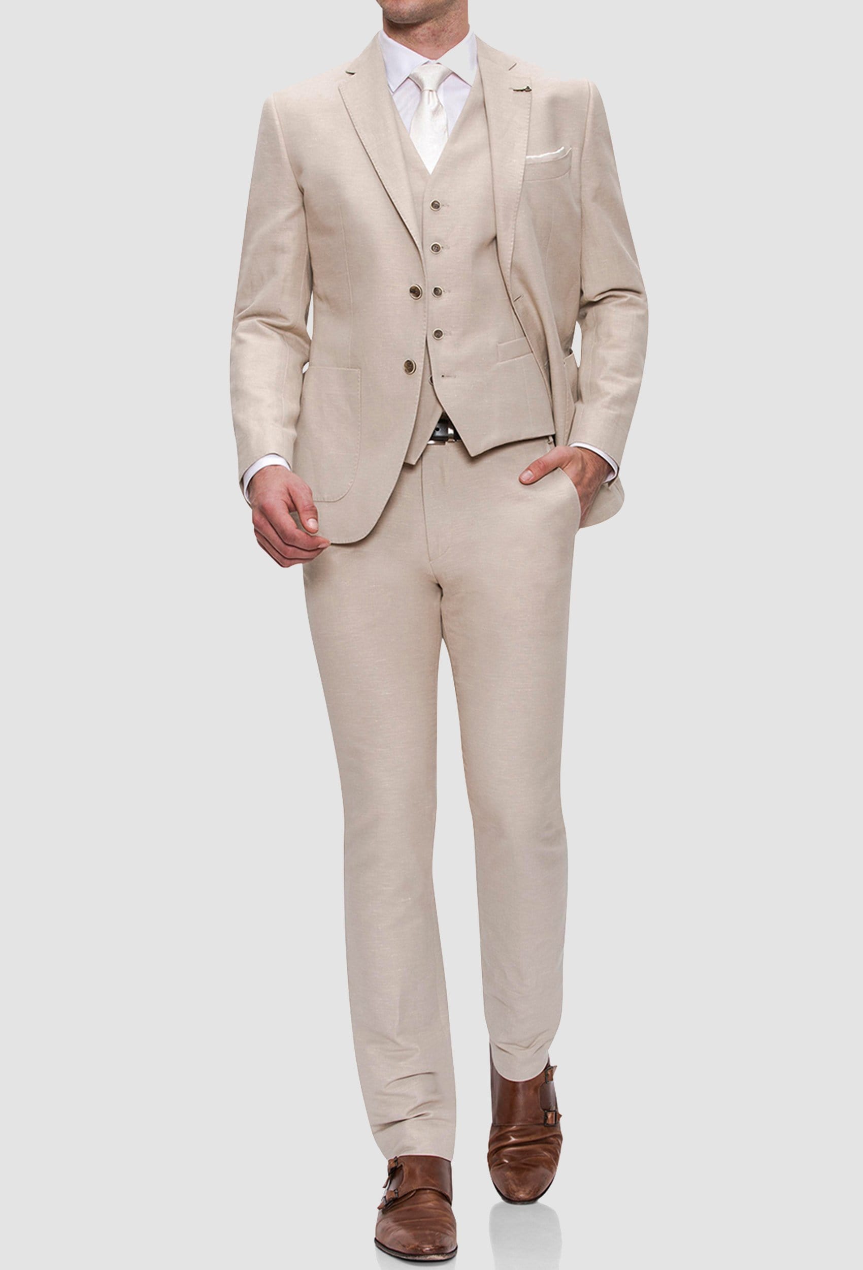 a model wears the Joe Black slim fit quest suit in sand linen blend