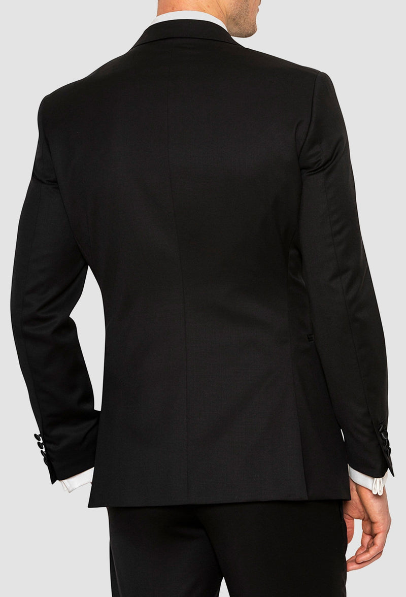 A back view of the Joe Black slim fit sloane evening suit jacket in black pure wool F6447