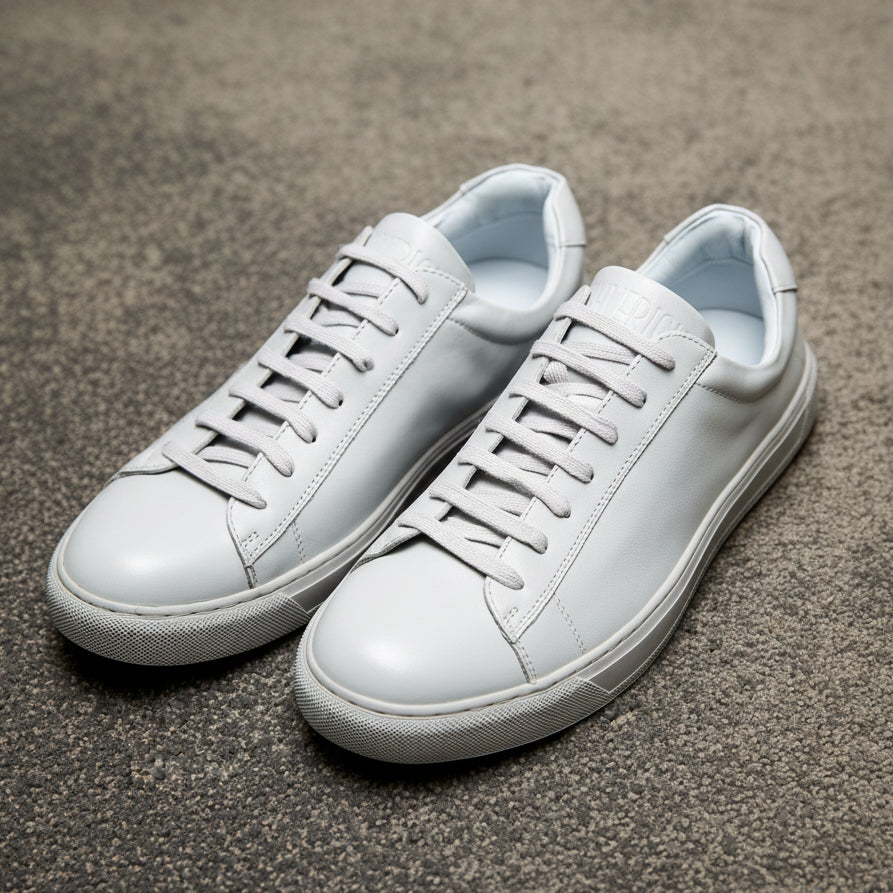 a close view of the mavericks cooper grey mens leather dress sneaker with mavericks embossed on the tongue