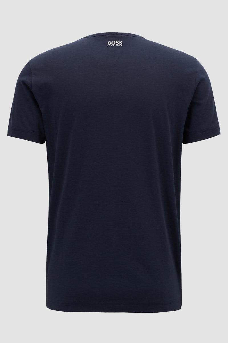 the back of the hugo boss classic fit mens tshirt with a small white hugo boss logo on the neckline