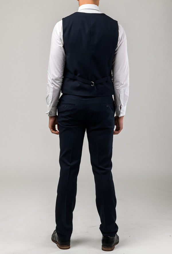 A back view of the Aston slim fit laneport vest in navy A049301V including the rear tab adjuster detail