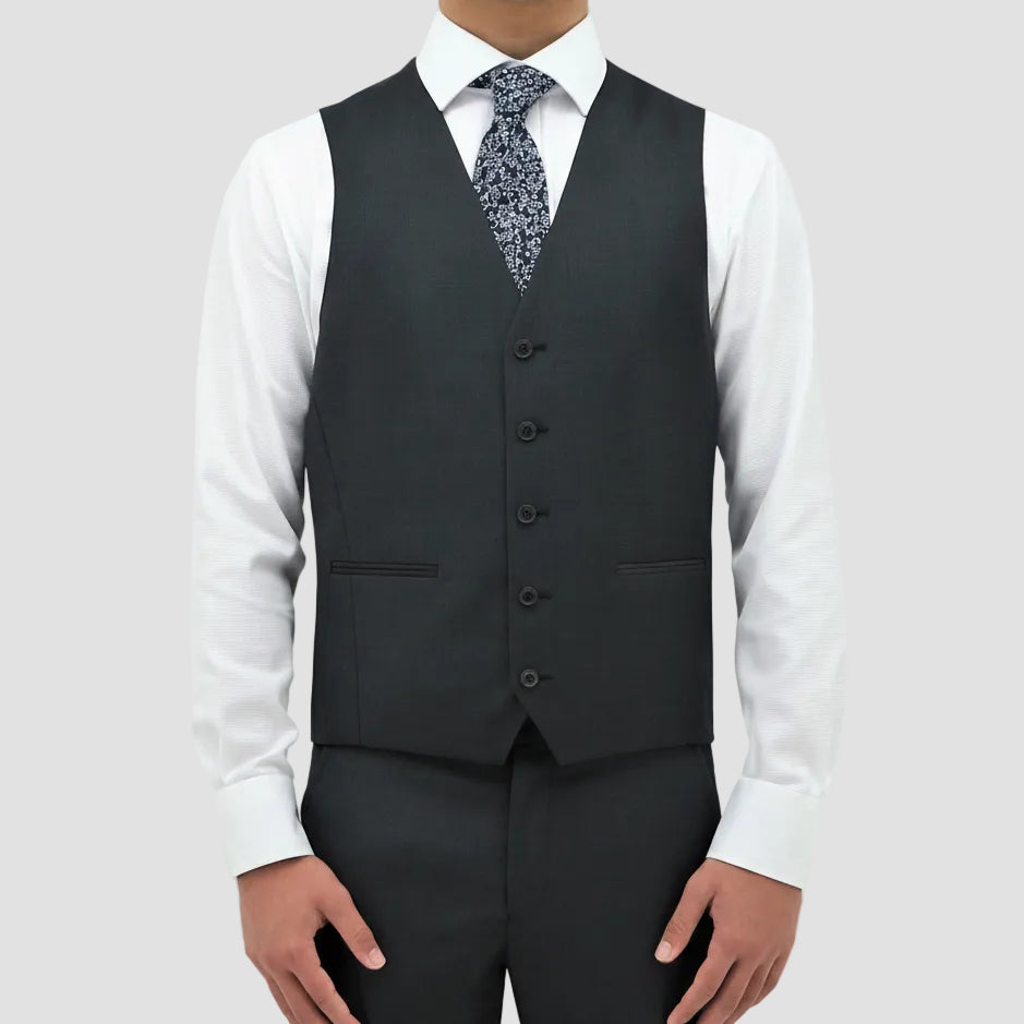 Men’s Ryan charcoal vest by Boston, crafted in Australian merino wool with a classic fit, V‑neck and jetted pockets.