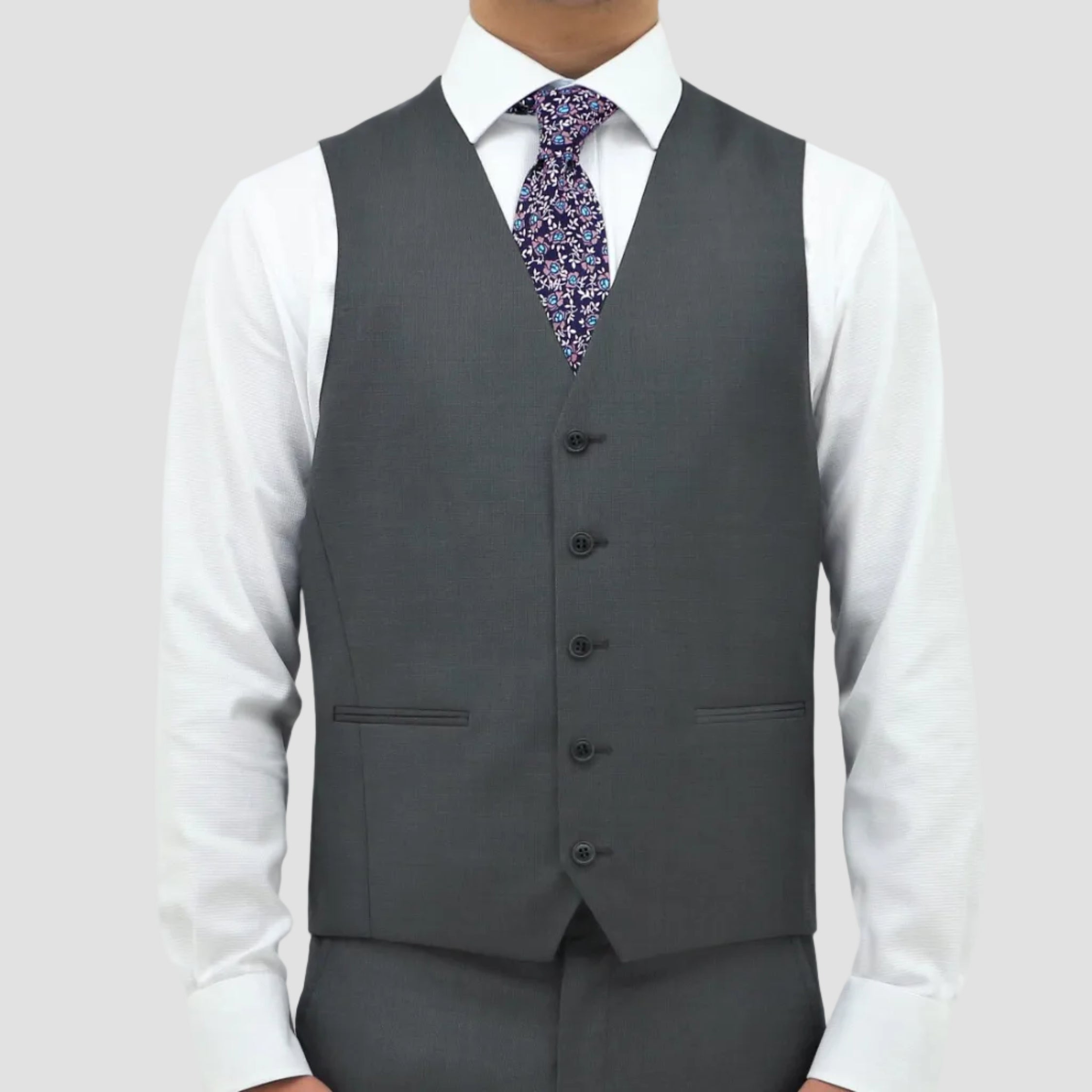 Men’s Ryan grey vest by Boston, crafted in Australian merino wool with a classic fit, V‑neck and jetted pockets.