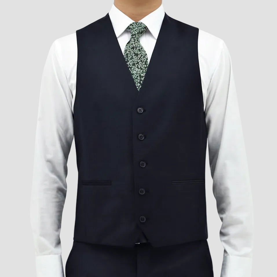 Boston’s Ryan navy vest in classic fit with a five‑button front and jetted pockets.