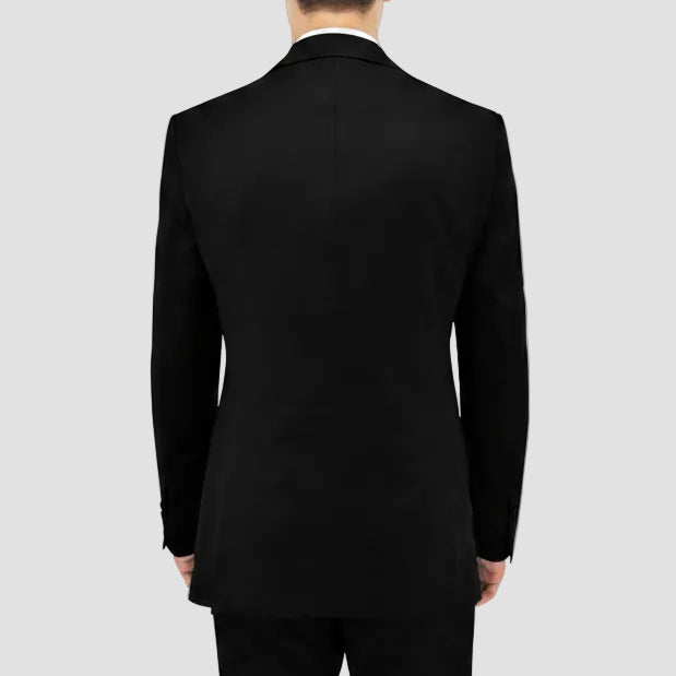 Boston’s Michel black suit in a comfort fit with notch lapel, flap pockets and tailored straight‑leg trousers.